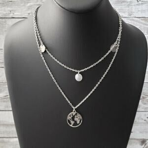 World / Globe Layered Pendant Necklace - Silver Tone Statement - New